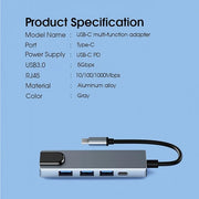 Ganekihedy 5 in 1 Type C Adapter with Gigabit Ethernet, 3 Ports USB 3.0 Hub for Data, Docking Station for USB C Hub Pro