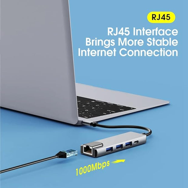 Ganekihedy 5 in 1 Type C Adapter with Gigabit Ethernet, 3 Ports USB 3.0 Hub for Data, Docking Station for USB C Hub Pro