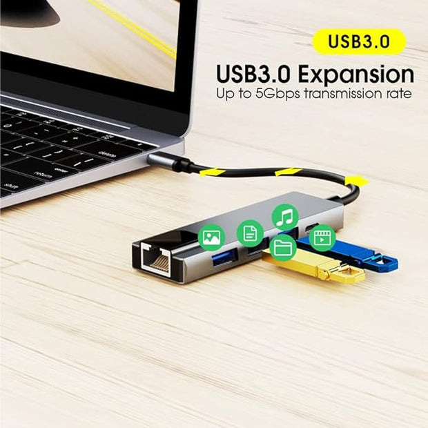 Ganekihedy 5 in 1 Type C Adapter with Gigabit Ethernet, 3 Ports USB 3.0 Hub for Data, Docking Station for USB C Hub Pro